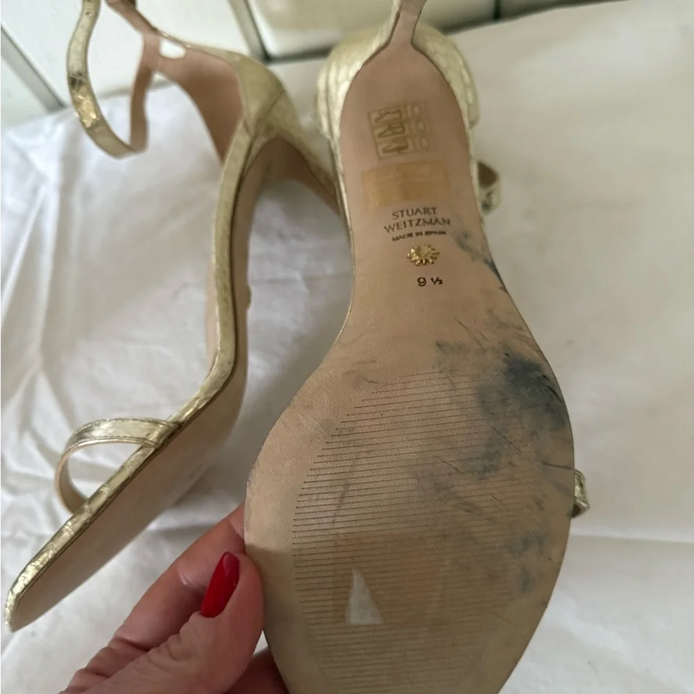 Stuart Weitzman Gold Strappy Heels Nudistcurve 100 metallic watersnake leather
